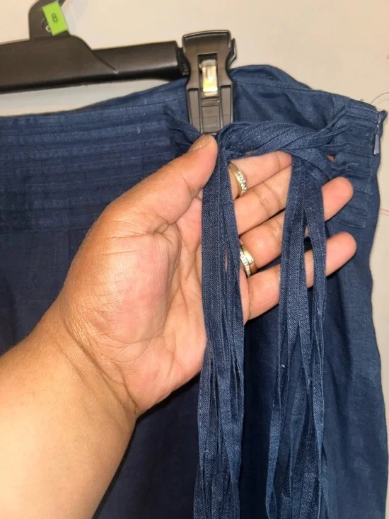 Linen Maxi Skirt - navy blue 100% linen w/fringe tie detail - Picture 5 of 11